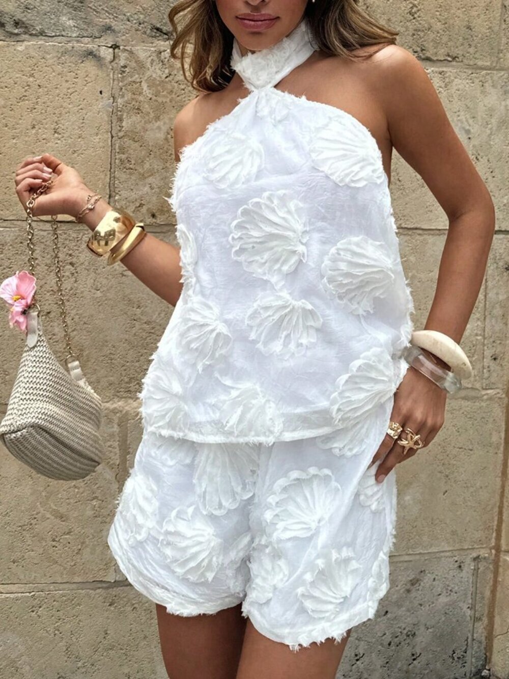 White Boho Women's Halter Neck Embroidered Shell Top and Shorts Set
